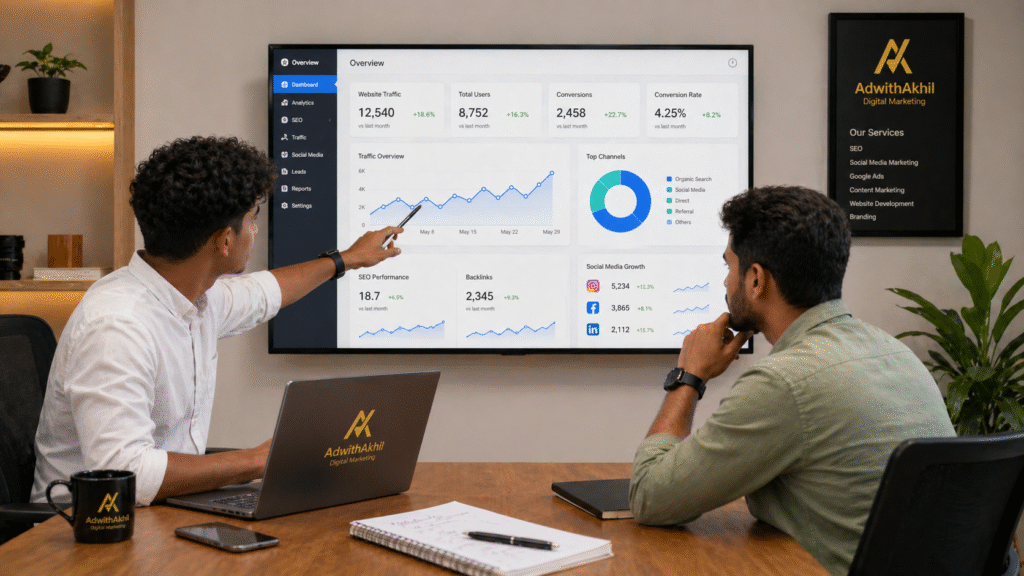 Business owner collaborating with a freelance digital marketer in Wayanad to improve SEO, social media, and online growth.