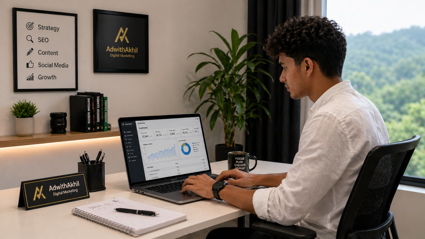 Freelance digital marketer in Wayanad working on digital marketing campaigns from a modern office workspace with laptop analytics.